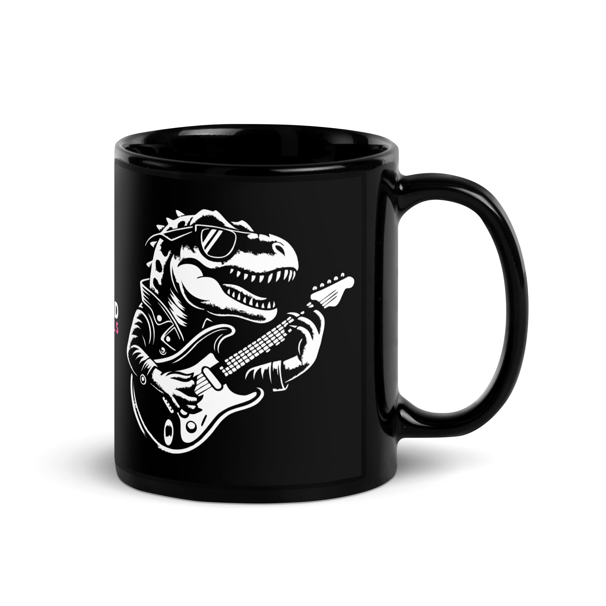 Eine Kaffeetasse mit einem Dinosaurier, der Gitarre spielt. Das Design mischt Nostalgie mit Rock 'n' Roll, ideal für einen energiegeladenen und unterhaltsamen Morgen.