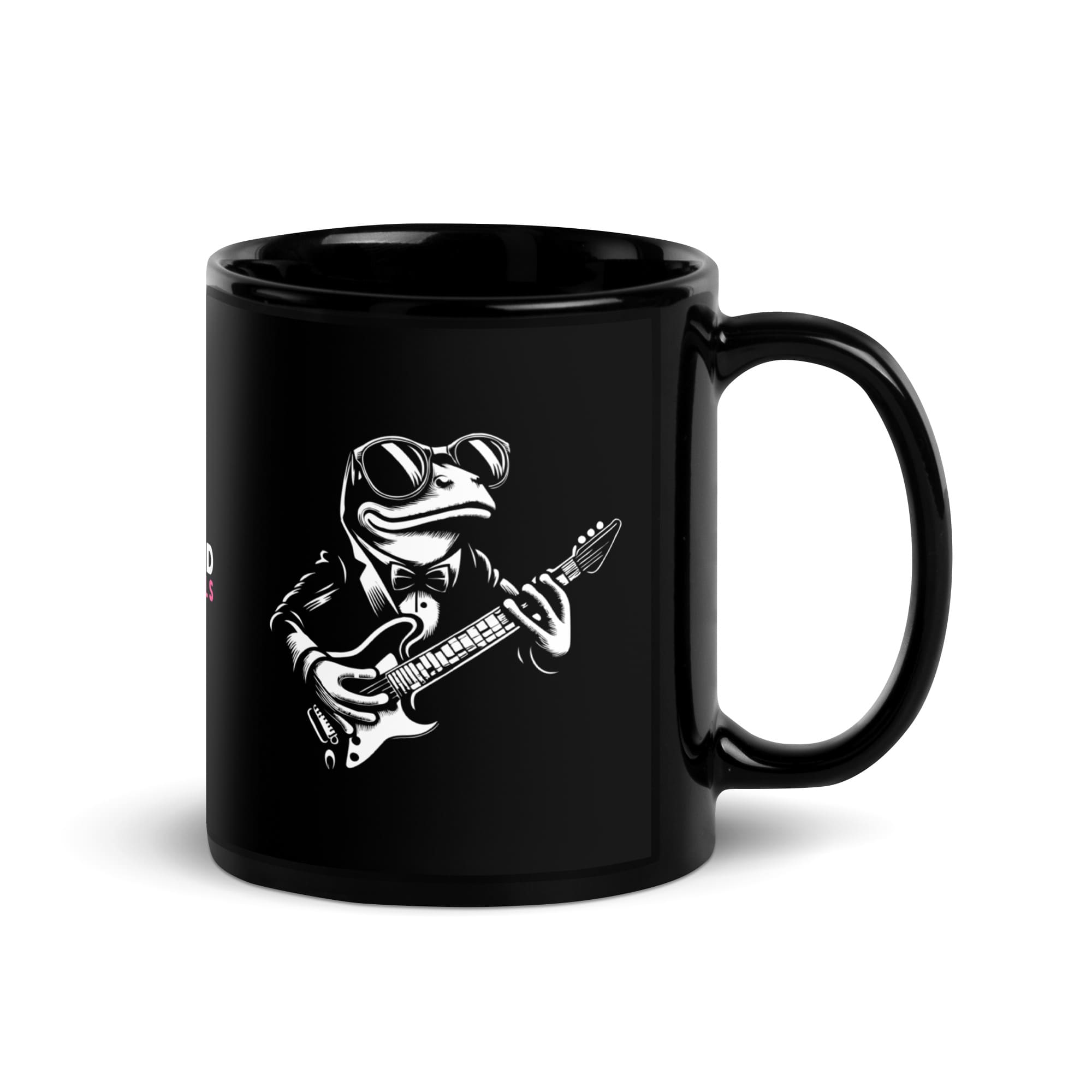 Eine Kaffeetasse mit einem Frosch, der Gitarre spielt. Das Design vereint Liebe zur Musik und Natur, ideal für den Start in den Tag von Musikliebhabern und Naturschwärmern. Marke Soundanimals.