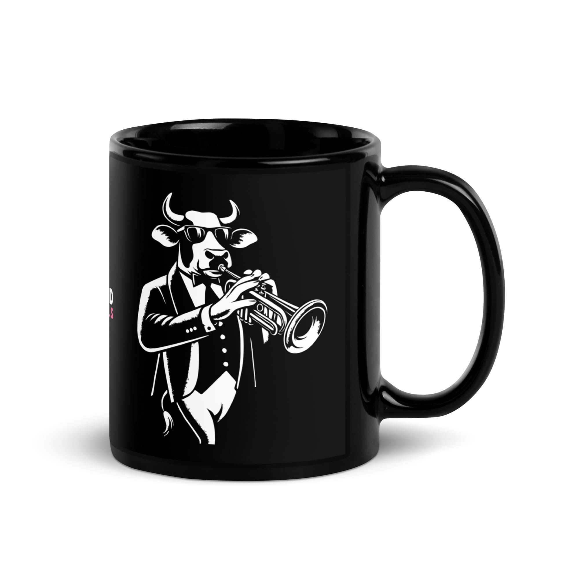 Eine Kaffeetasse mit einem Stier, der Trompete spielt. Das Design vereint Stärke und Musik, ideal für einen kraftvollen und melodischen Morgen. Soundanimals