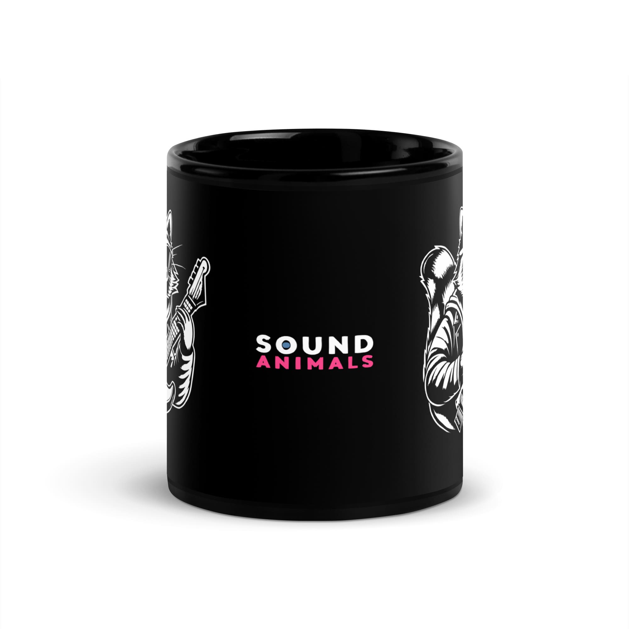 Eine Kaffeetasse mit einem Waschbär, der Gitarre spielt. Das Design vereint die Freude der Musik mit der Wildheit der Natur, ideal für einen motivierenden und fröhlichen Morgen. Soundanimals