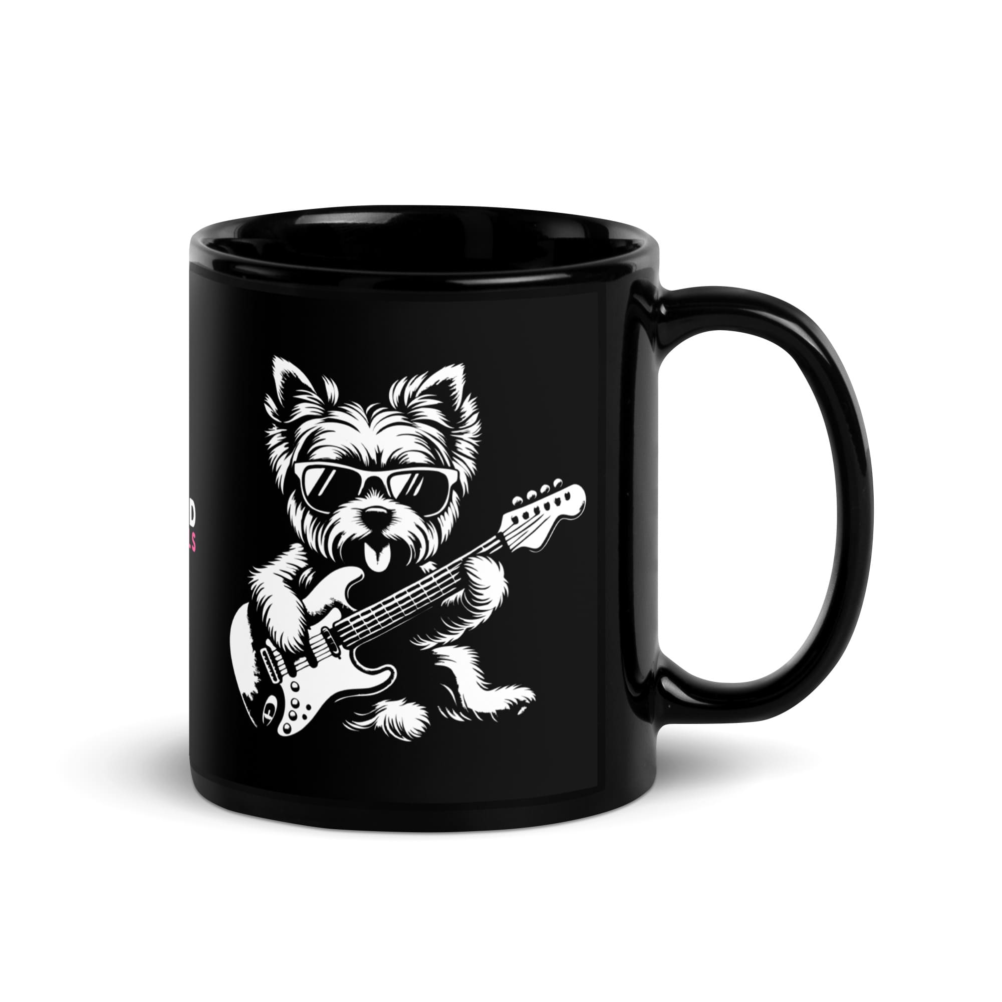 Eine Kaffeetasse mit einem Yorkshire Terrier, der Gitarre spielt. Das Design kombiniert Niedlichkeit mit Rock 'n' Roll, ideal für Musikliebhaber und Hundefans. Marke Soundanimals